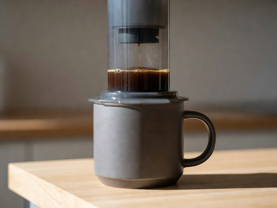 Clear cylindrical AeroPress placed on a sturdy mug with plunger depressed halfway
