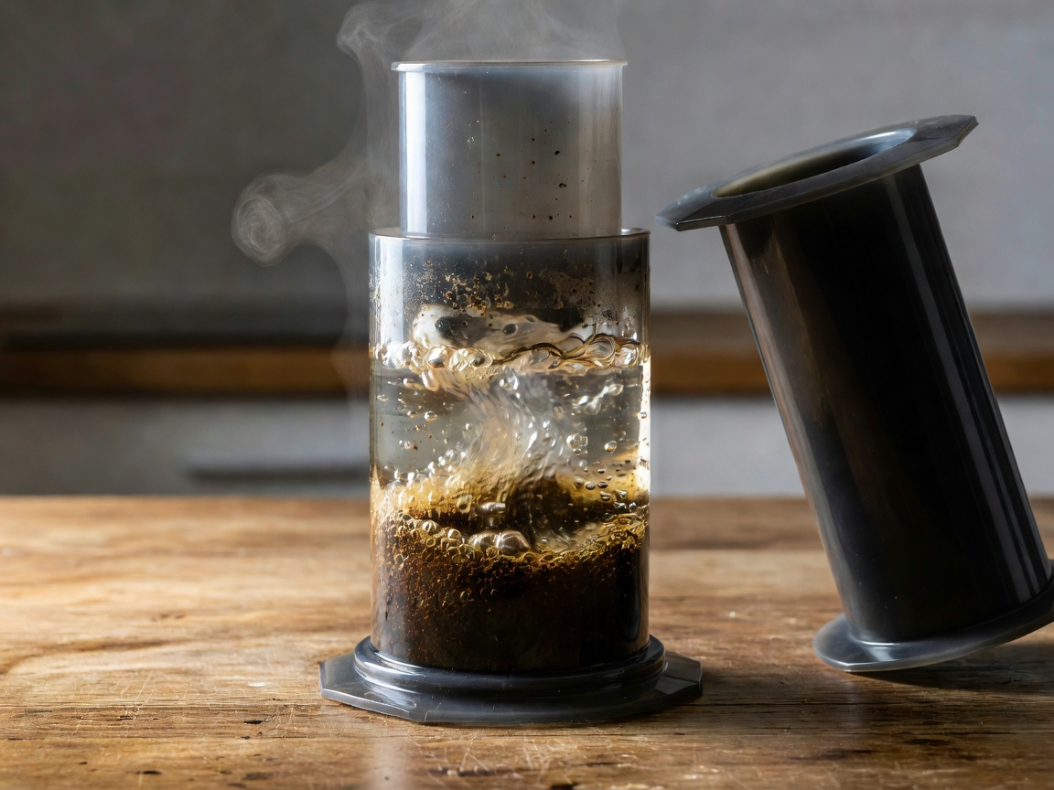 Inverted AeroPress chamber with hot water agitating coffee grounds before plunging