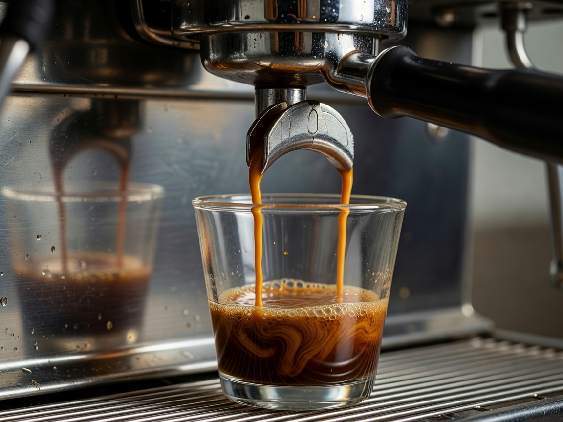 Close view of an espresso machine group head extracting a concentrated flow into a glass measure