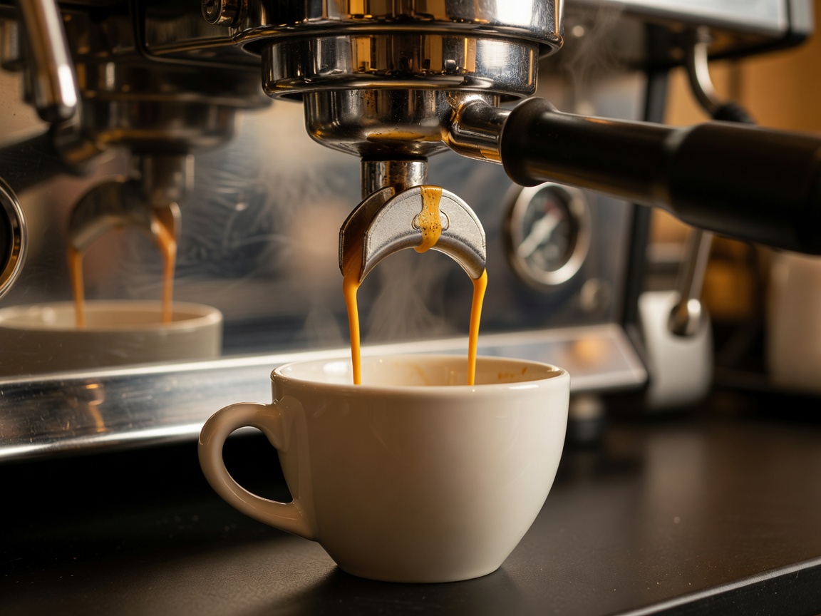 Dense golden espresso pouring from a bottomless portafilter into a ceramic cup