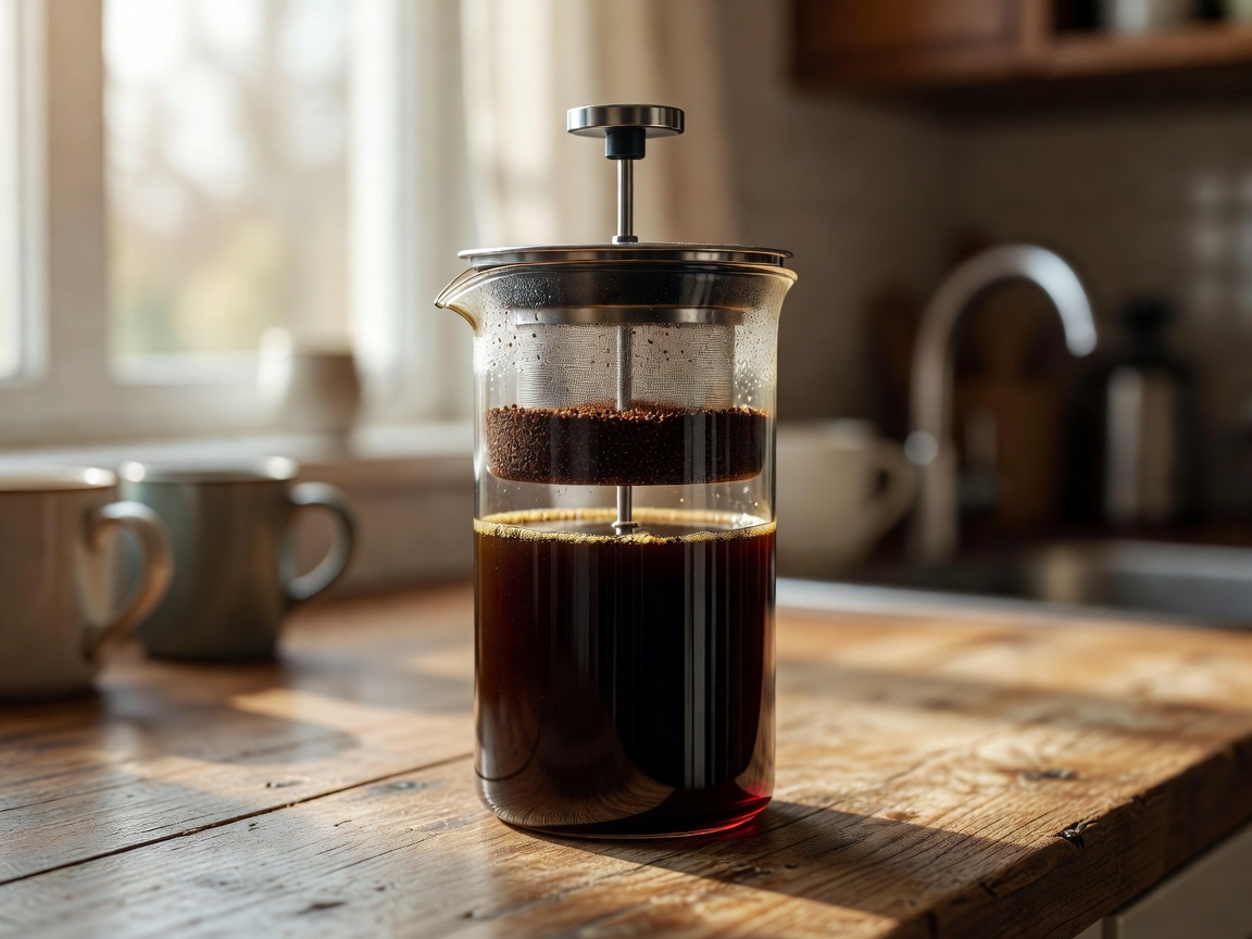 Glass French press carafe filled with steeped coffee and separated grounds beneath a mesh filter