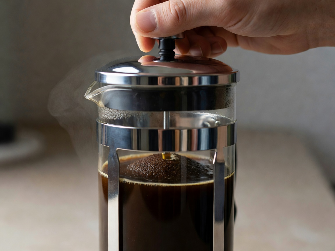 Hand depressing the mesh filter plunger into a glass French press filled with dark coffee