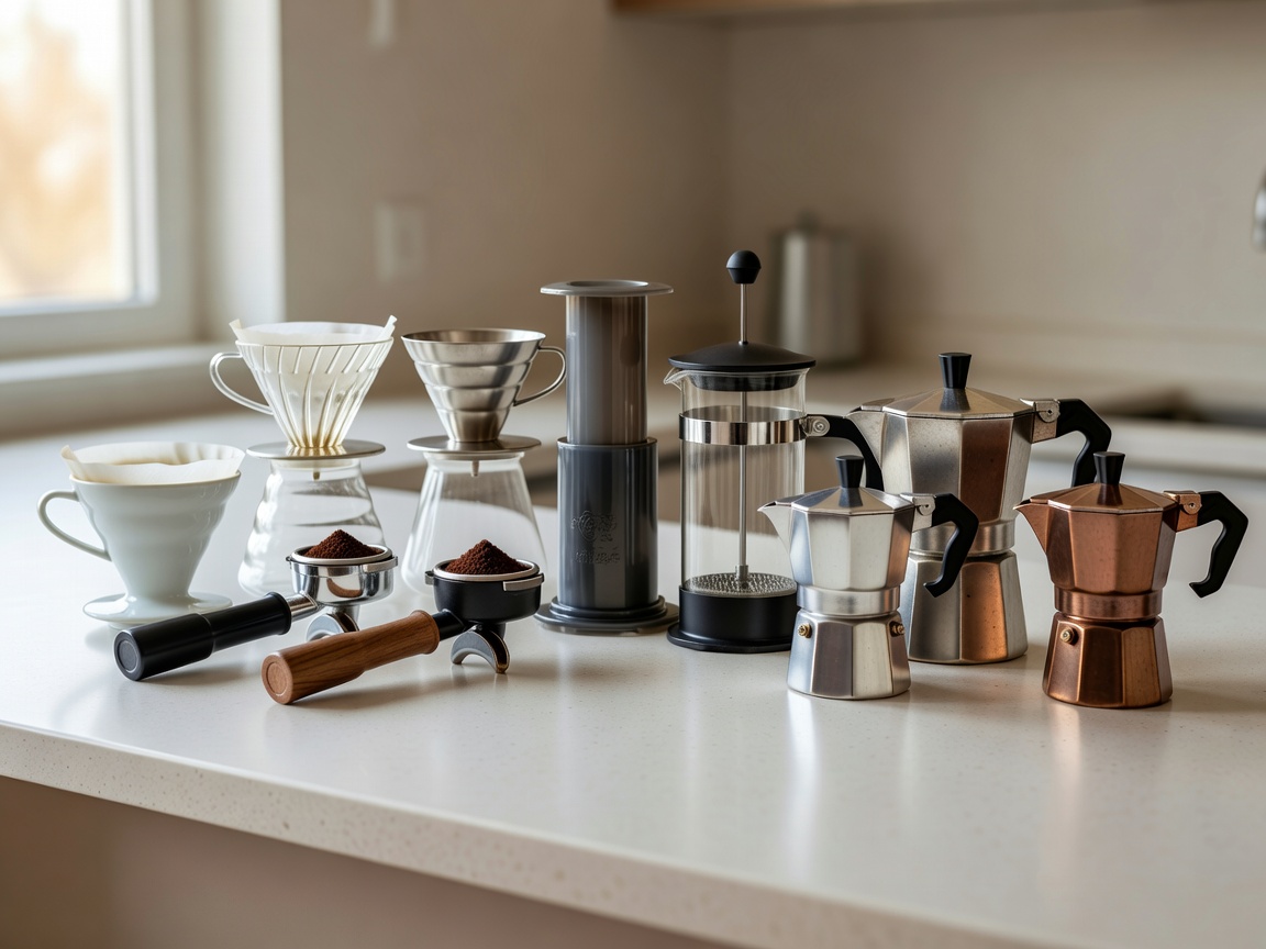 Array of coffee brewing equipment including drippers, espresso portafilters, manual presses, and moka pots on a kitchen counter