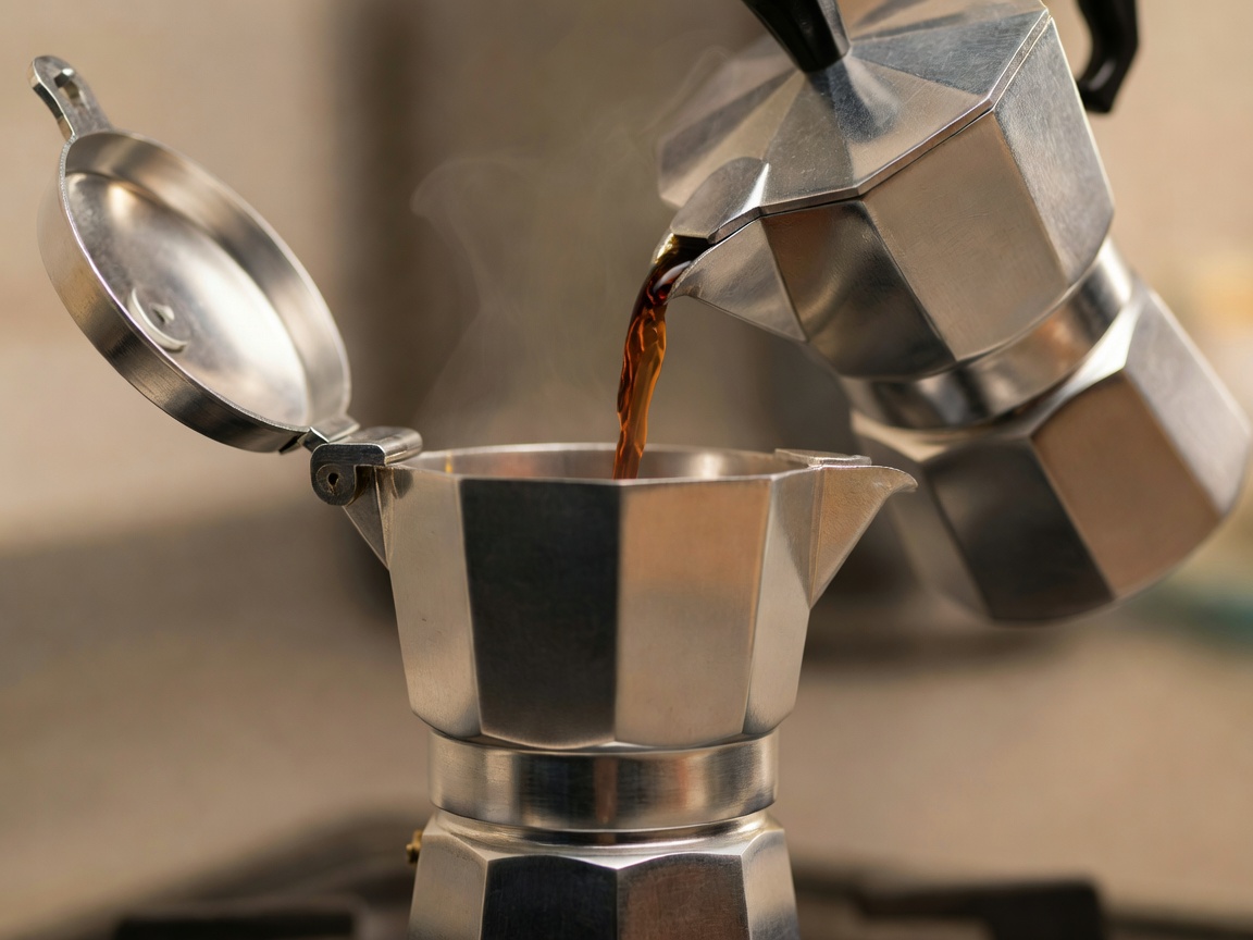 Rich dark coffee gently flowing from the central chimney column of an open stovetop moka pot
