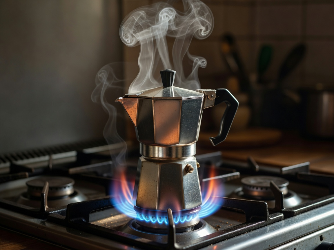 Classic octagonal aluminium moka pot on a gas stove releasing aromatic steam