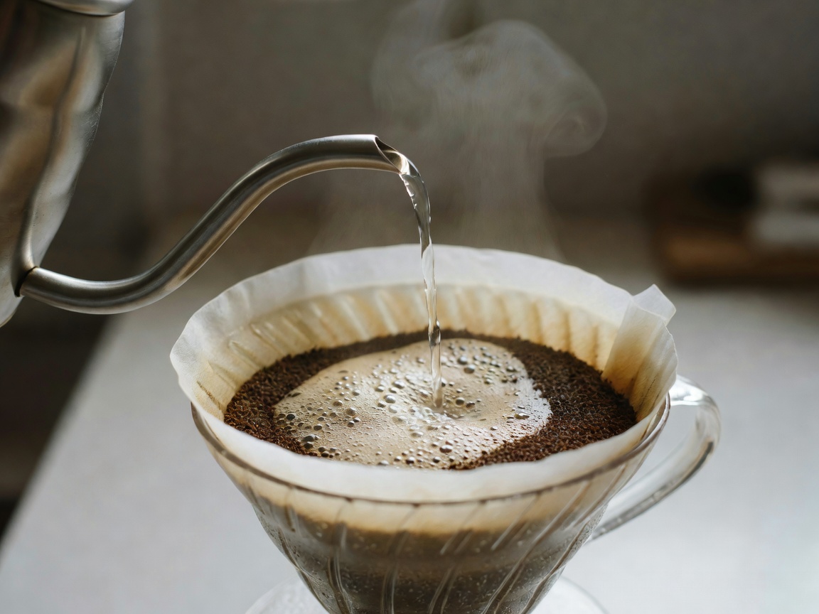 Pouring hot water from a gooseneck kettle into a paper cone filter filled with freshly ground coffee
