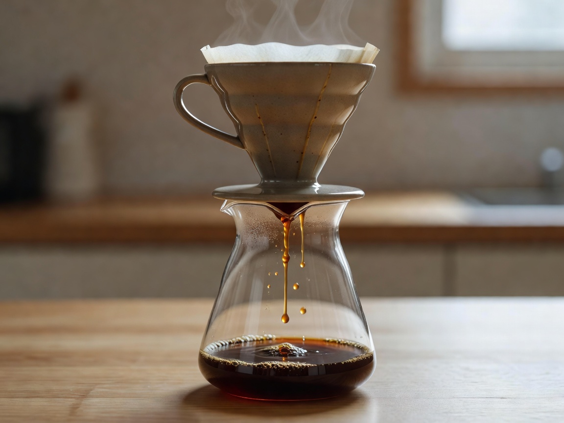 Pour-over dripper dripping filtered coffee into a clear glass carafe